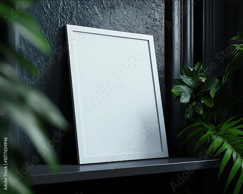 side angle view of a white 50x50 cm simple photo frame on a shelf gothic room focus on the frame on the sides of the frame dark plants ultrarealistic photo