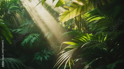 Sunlight streams through the dense canopy of a tropical forest, illuminating rich greenery and creating a tranquil ambiance. Generative AI