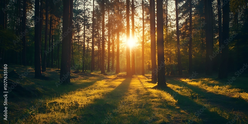 Fototapeta premium Golden Sunset in a Lush Pine Forest