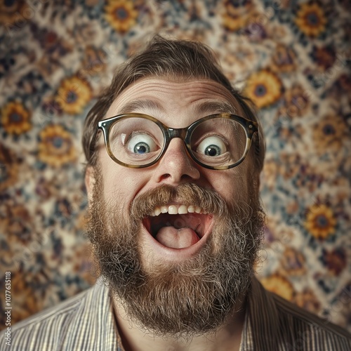 A cheerful bearded man with large glasses smiles widely against a patterned backdrop, radiating happiness.