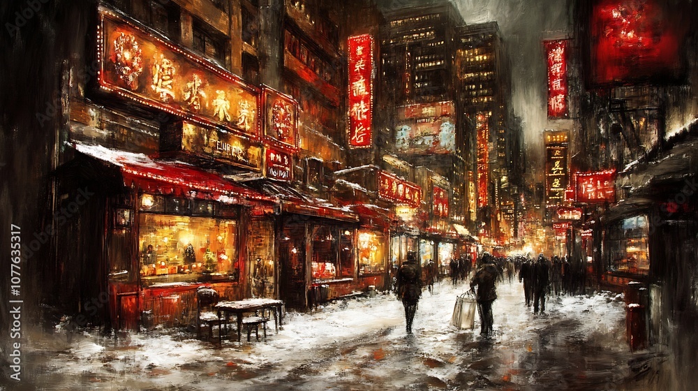 Obraz premium A Snowy Evening in a City Street with Red Lanterns and Silhouettes of People