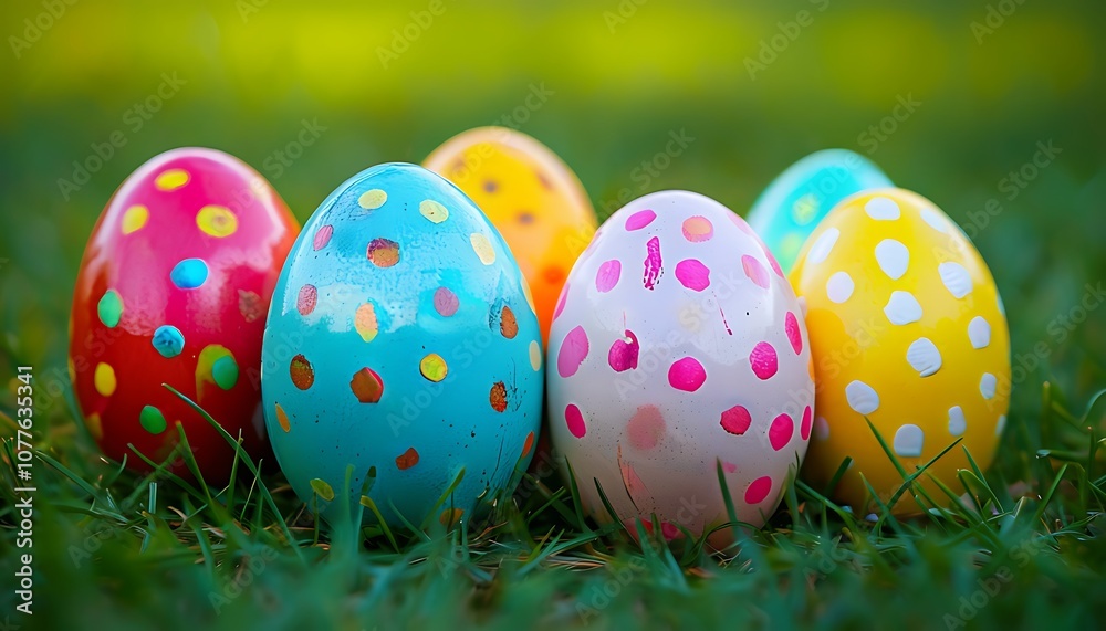 colorful eggs with polka dots on grass colorful eggs with polka dots on grass