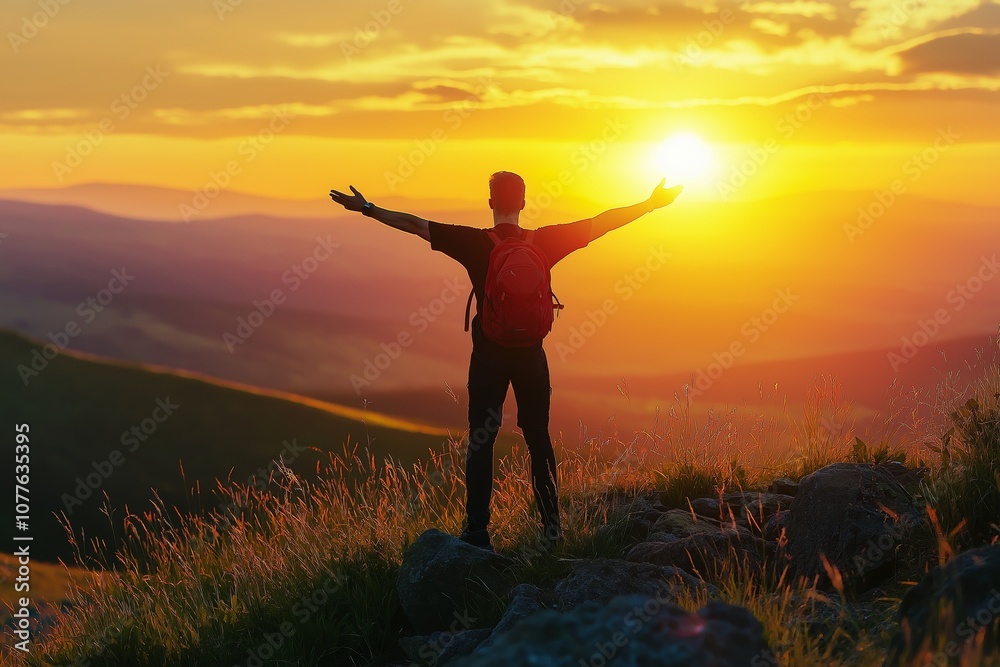 A lone figure stands on a rocky outcrop, arms outstretched, silhouetted by the vibrant hues of a setting sun over rolling mountains. A lone figure stands on a rocky outcrop, arms outstretched, silhouetted by the vibrant hues of a setting sun over rolling mountains.