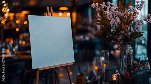 A white canvas is propped up on a stand in a dimly lit room