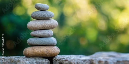 Several smooth stones are stacked in a balancing tower outdoors with a serene natural setting.
