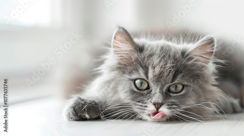 Wallpaper Mural A Grey Cat with Green Eyes Licking its Lips Torontodigital.ca