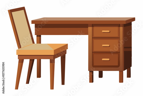  Wooden desk and chair isolated on white Background vector illustration  photo