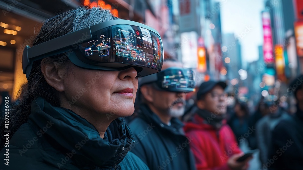 A group of people using augmented reality glasses to interact with digital information overlays in a busy urban environment A group of people using augmented reality glasses to interact with digital information overlays in a busy urban environment