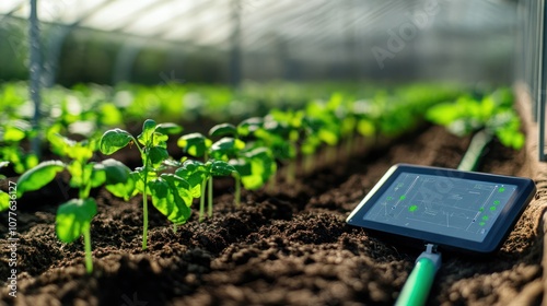 A farm using computer technology for precision agriculture. Sensors and software monitor soil health, weather, and crop growth, optimizing resources and increasing efficiency for a sustainable, high-y