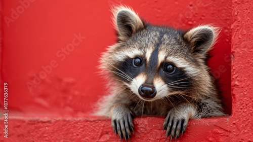 Cute Raccoon Peeking from Behind Red Wall