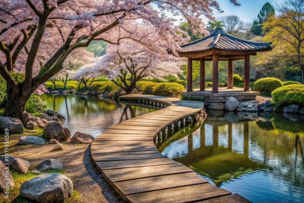 Fototapeta premium Serene Japanese Garden with Stone Path, Wooden Gazebo, Tranquil Pond, and Blooming Cherry Trees in Minimalist Photography Style