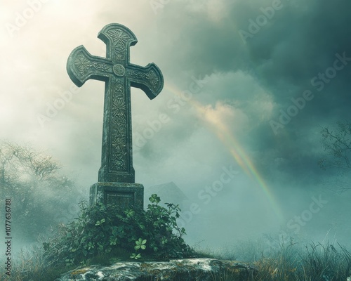 Standing on a misty hilltop, a weathered Celtic cross is framed by clovers at its base, while a faint rainbow arches in the background, symbolizing tranquility and cultural heritage.