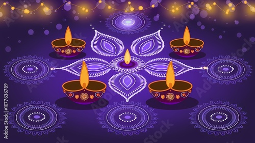 Vibrant Diwali Rangoli Setup with Diyas and Mandala Patterns
