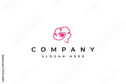 Brain logo with love symbol icon combination in pink color flat design style