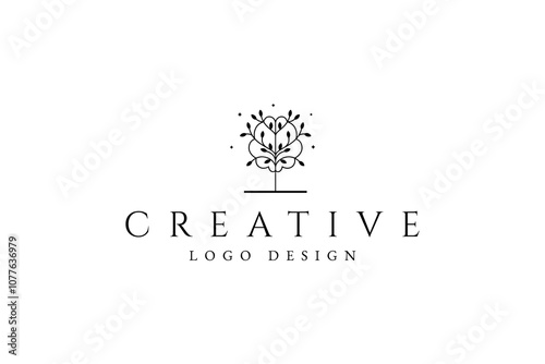 Human brain logo with natural tree shape in natural line art design style