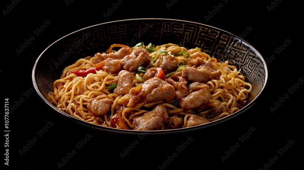 Yakisoba noodles. yakisoba dish with meat, chicken and vegetables. chinese food. Ultra realistic. Photorealistic hypermaximalist advertising photography hyper realistic fine detail
