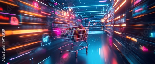A futuristic supermarket with glowing shelves and a shopping cart filled with groceries, a concept for online shopping or virtual reality grocery shopping.