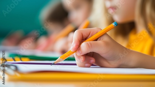 Close up view of a young student s hand holding a pencil as they concentrate on taking notes in a blurred classroom setting illustrating the act of focused studying and learning photo