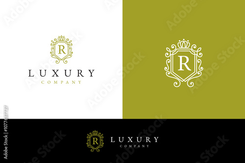 Elegant royal crest heraldry logo. Vintage heraldic business monogram emblem line icon.