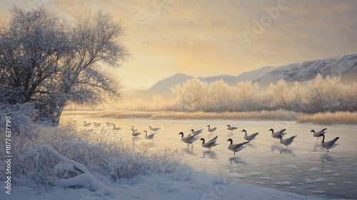 Frosted Geese at Dawn Over a Frozen Lake