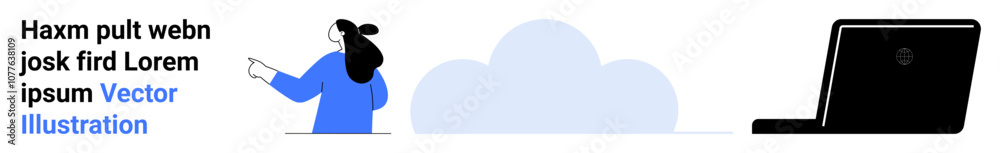 Woman pointing towards cloud next to laptop. Ideal for remote work, cloud storage, technology, online services, digital communication, IT solutions, educational platforms. Banner for landing page Woman pointing towards cloud next to laptop. Ideal for remote work, cloud storage, technology, online services, digital communication, IT solutions, educational platforms. Banner for landing page