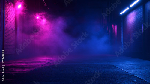 3D empty background scene. Dark street reflection on wet asphalt. Rays of neon colorful light in the dark, neon figures, smoke. Background of empty stage show. Abstract dark and neon light background.