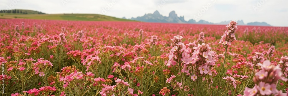 Vibrant potato field contrasted with delicate pink flowers of the dolomites, landscape, growth