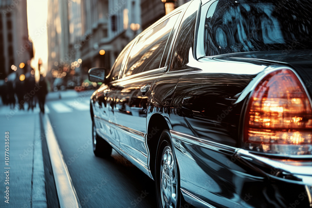 Sleek black luxury car gliding through a bustling city street at dawn, reflecting urban energy and elegance. Sleek black luxury car gliding through a bustling city street at dawn, reflecting urban energy and elegance.