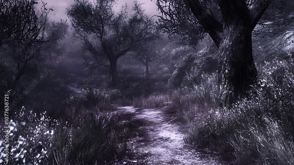 Obraz premium A Path Through a Dark and Misty Forest