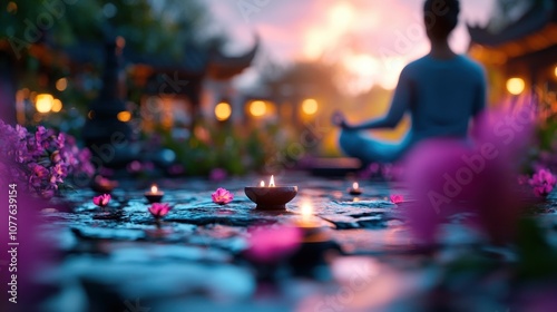 A silhouette of a meditative person seated peacefully amid candles at dusk, surrounded by blooming flowers in a tranquil garden setting under soft evening light. photo