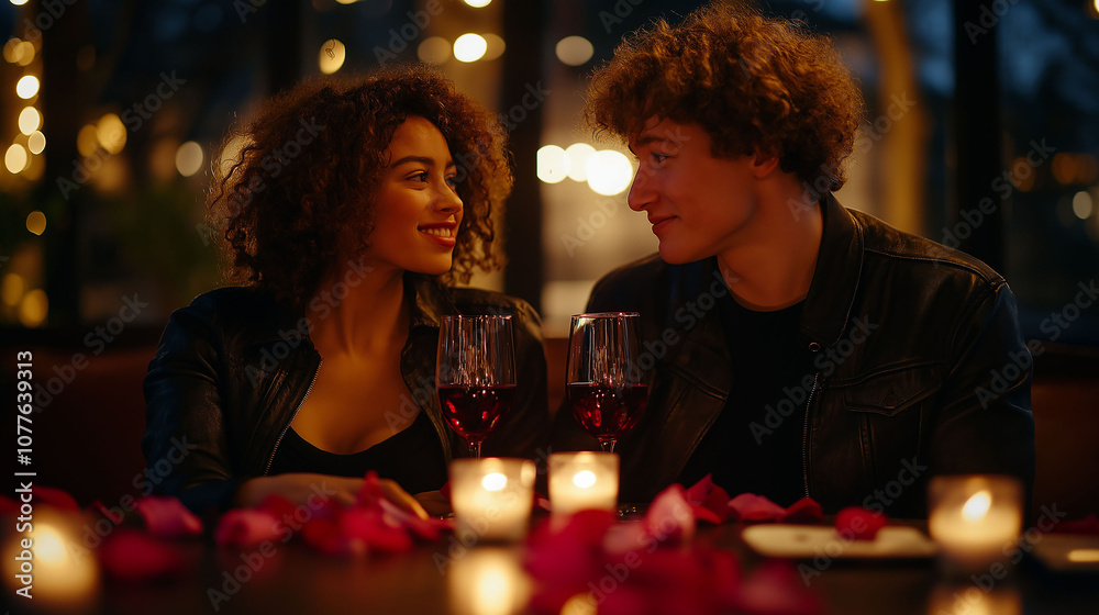 Romantic dinner for two with candles and rose petals on the table Romantic dinner for two with candles and rose petals on the table