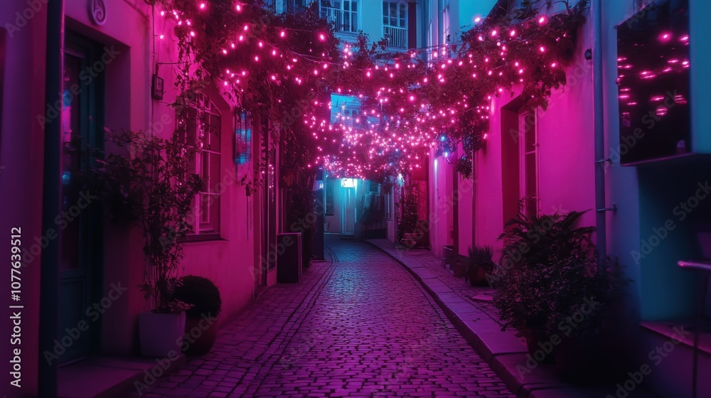 Fototapeta premium Enchanting Nighttime Alley Illuminated by Colorful Fairy Lights