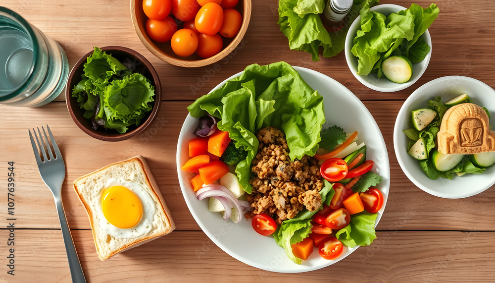Healthy lunch table scene with nutritious Buddha bowl, lettuce wraps, vegetables, sandwiches and salad. Above view over a wood background isolated with white highlights, png Healthy lunch table scene with nutritious Buddha bowl, lettuce wraps, vegetables, sandwiches and salad. Above view over a wood background isolated with white highlights, png