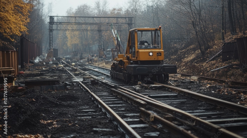 A Small Yellow Railroad Vehicle on a Track in the Woods A Small Yellow Railroad Vehicle on a Track in the Woods