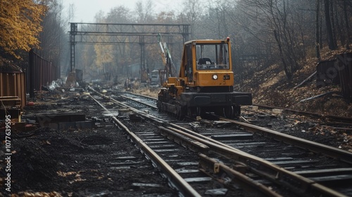 A Small Yellow Railroad Vehicle on a Track in the Woods