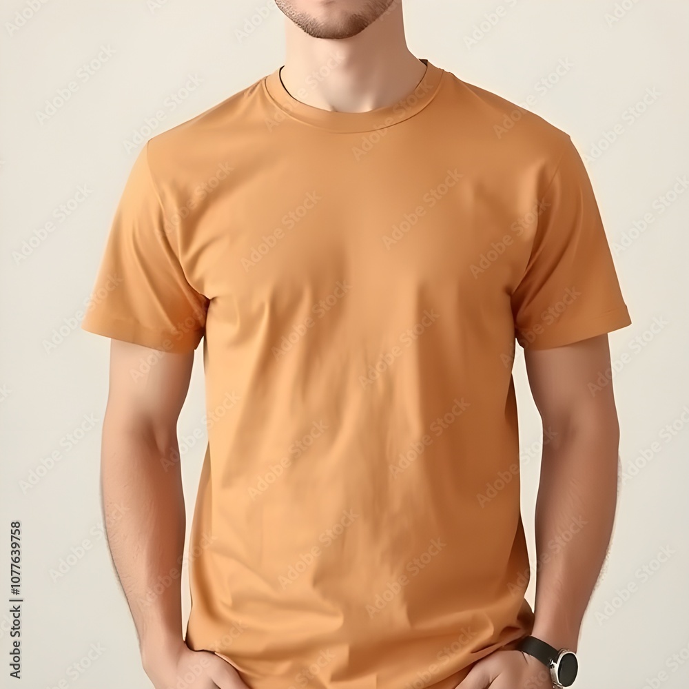 Realistic Light Brown T-Shirt Mockup on Model in Casual Setting, Perfect for Custom Apparel Design Showcase Realistic Light Brown T-Shirt Mockup on Model in Casual Setting, Perfect for Custom Apparel Design Showcase