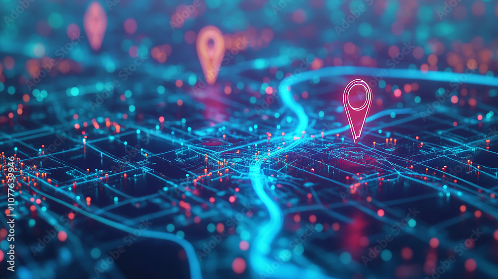 A digital map displaying a location with two pins set, representing AI technology in GPS, innovation in delivery services, and map location for future transport logistics showcase digital. A digital map displaying a location with two pins set, representing AI technology in GPS, innovation in delivery services, and map location for future transport logistics showcase digital.