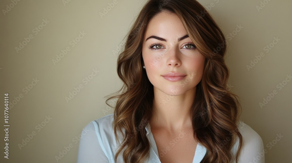 Beautiful Young Woman with Soft Features Against a Neutral Background Beautiful Young Woman with Soft Features Against a Neutral Background