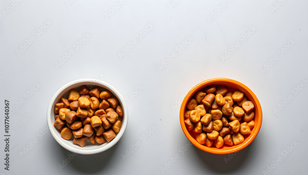 Wet pet food in feeding bowls on light grey table, space for text isolated with white highlights, png Wet pet food in feeding bowls on light grey table, space for text isolated with white highlights, png