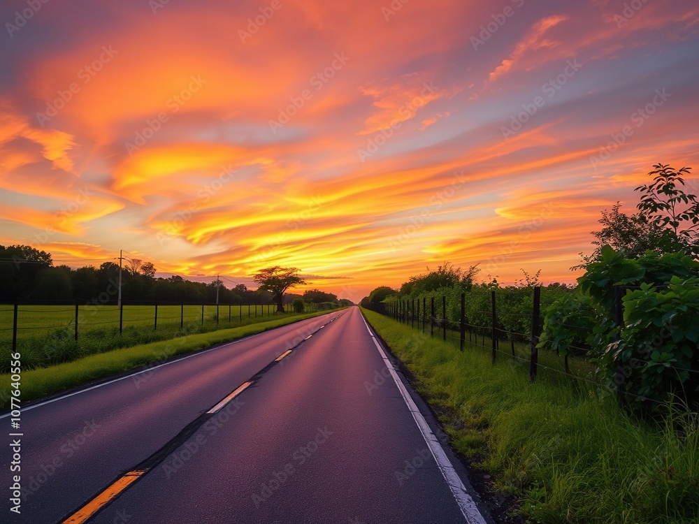 Fototapeta premium Vibrant sunset painting the sky above a peaceful rural road bordered by lush greenery, countryside, peaceful