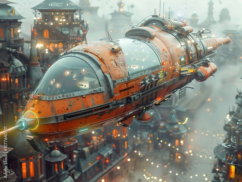 Futuristic Airship Soaring Over a Steampunk Cityscape