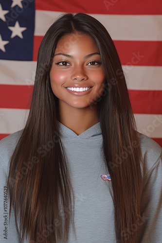 A young woman with long brown hair smiles in front of an American flag. photo