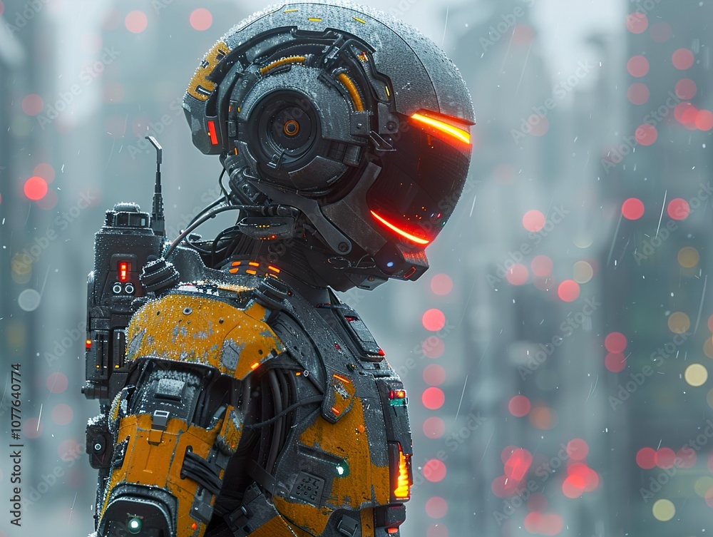 Futuristic Robot in a Cyberpunk Cityscape: A Rainy Night in the Future