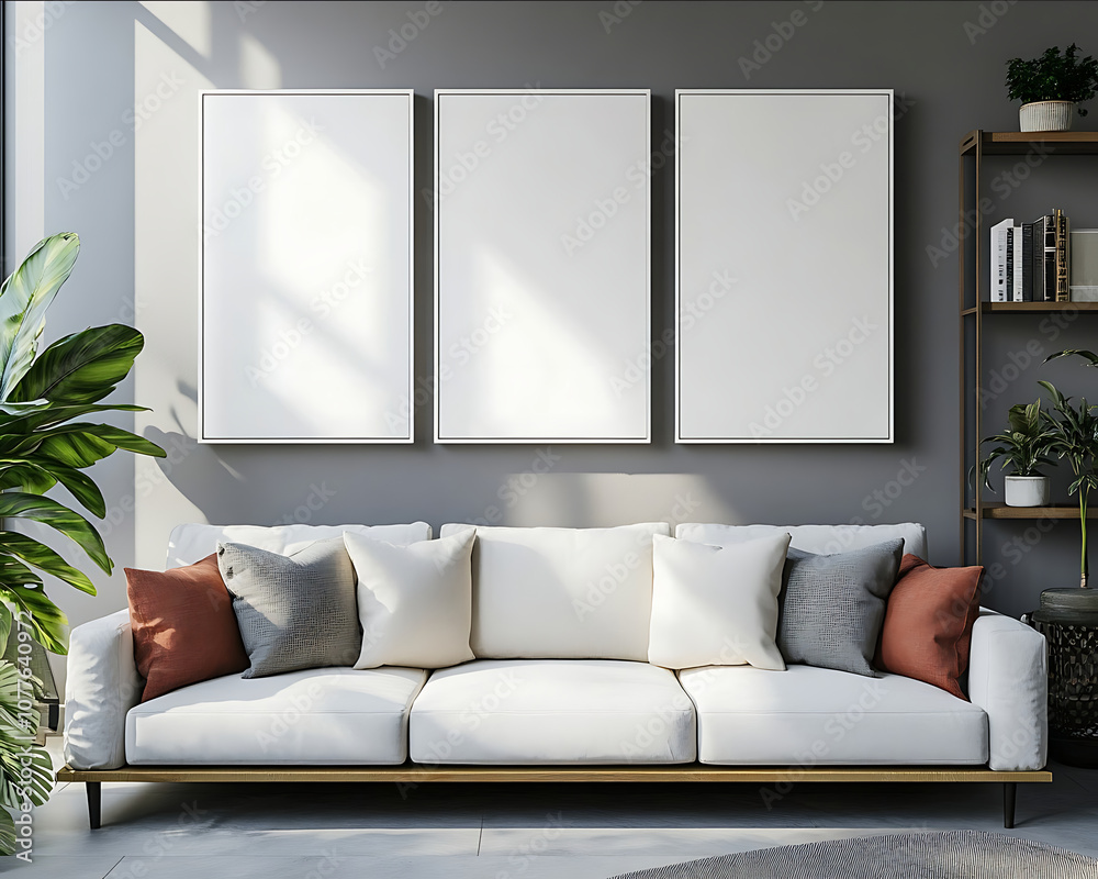 mockup of three white paintings in frames on the wall in a living room in a modern style a decorative pillow on the sofa a shelf in the corner walls in dark shades.j mockup of three white paintings in frames on the wall in a living room in a modern style a decorative pillow on the sofa a shelf in the corner walls in dark shades.j