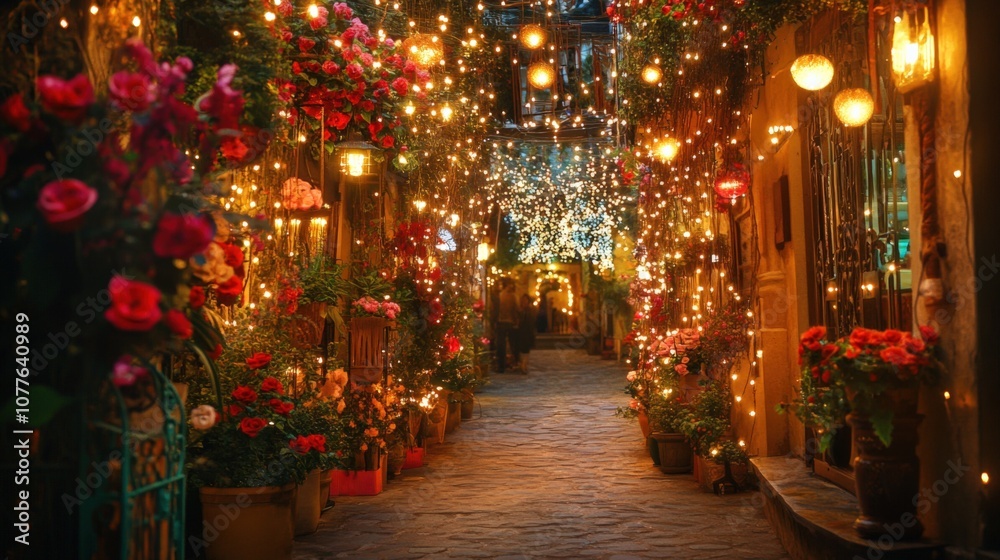 Enchanting Night Alley Illuminated by Fairy Lights and Floral Decor Enchanting Night Alley Illuminated by Fairy Lights and Floral Decor