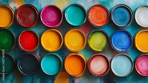 Various colored paint cans, top view photo