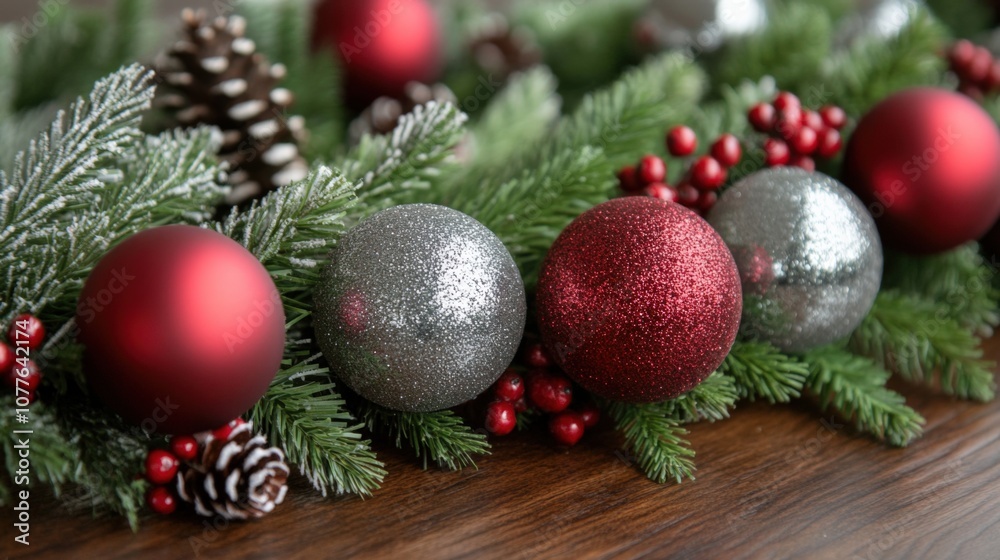 Festive Holiday Decoration with Ornaments and Pine Greens Festive Holiday Decoration with Ornaments and Pine Greens