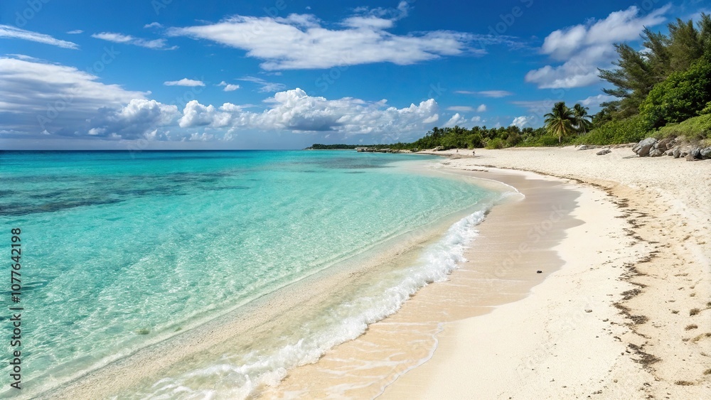 Warm sandy beach with crystal clear turquoise water, serene, soothing, peaceful, shore, waves Warm sandy beach with crystal clear turquoise water, serene, soothing, peaceful, shore, waves