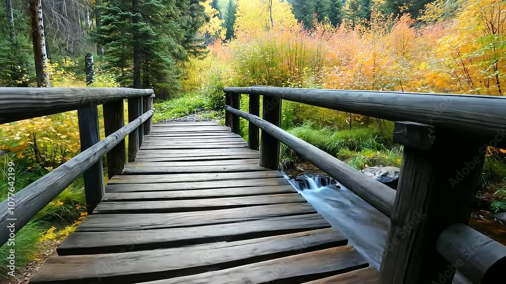 A serene autumn scene featuring a rustic wooden bridge spanning a gentle stream, enveloped by vivid fall colors. A serene autumn scene featuring a rustic wooden bridge spanning a gentle stream, enveloped by vivid fall colors.