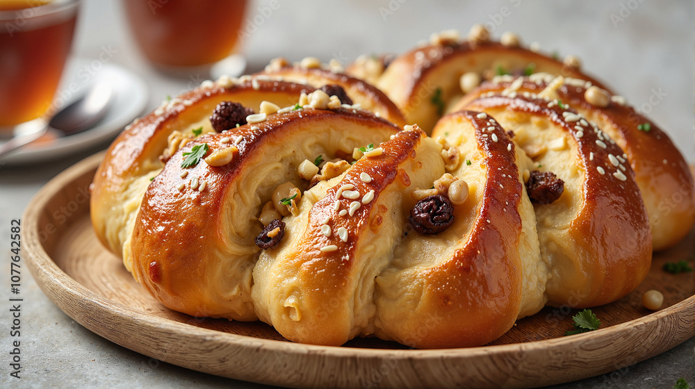 Challah bread with raisins and nuts on wooden plate Challah bread with raisins and nuts on wooden plate